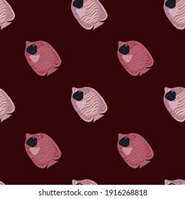 Exotic ocean zoo seamless pattern with lilac butterfly fish print. Dark maroon background. Simple design. Decorative backdrop for fabric design, textile print, wrapping, cover. Vector illustration.