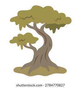 Exotic old tree twisted artistic trunk moss green canopy bonsai asset flat vector illustration