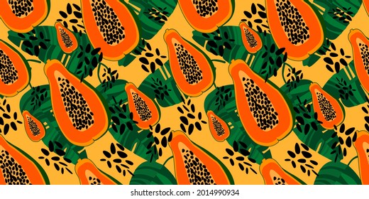 frutos de papaya anaranjados exóticos cortados sobre fondo amarillo con hojas, patrón de frutos de papaya exótica sin costura vectorial