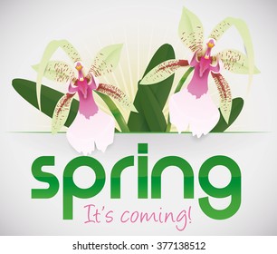 Exotic orchids blooming with spring greeting message.
