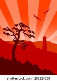 Exotic oriental silhouette landscape vector illustration background in red, orange and black.