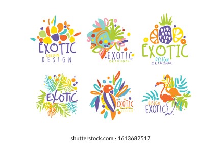 Exotic Original Design Labels Collection, Colorful Hand Drawn Badges Vector Illustration