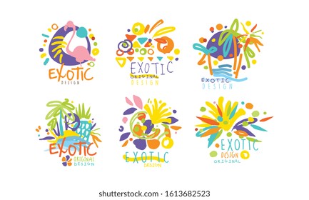 Exotic Original Design Labels Collection, Colorful Tropical Hand Drawn Badges with Birds and Plants Vector Illustration