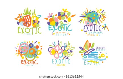 Exotic Original Design Labels Collection, Colorful Tropical Hand Drawn Badges Vector Illustration
