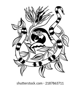 Exotic ornament with a parrot and a snake and a flower of paradise. Tropical vector black and white pattern isolated on white background. Can be used as tattoo design, poster print, t-shirt print.