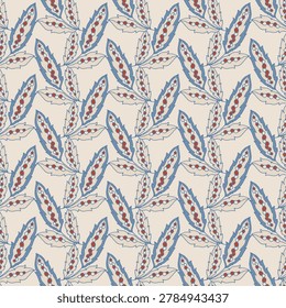 Exotic paisley foliage branch pattern in slate blue and deep rust red for rich dining linens, apparel and boutique wallpaper accents.
