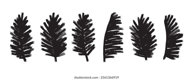 Exotic palm bold leaves grunge doodle style set. Brush hand drawn tropical palm leaves isolated ink style. . Vector illustration