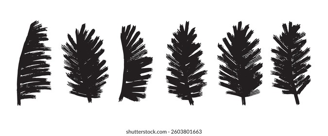 Exotic palm bold leaves grunge doodle style set. Brush hand drawn tropical palm leaves isolated ink style. . Vector illustration