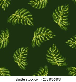 Exotic palm foliage seamless pattern with random green monstera leaf shapes. Black background. Flat vector print for textile, fabric, giftwrap, wallpapers. Endless illustration.