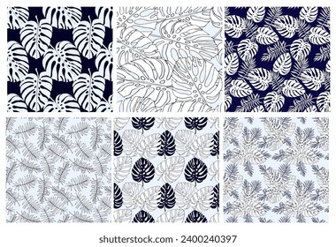 Exotic palm jungle line art leaves, floral seamless pattern set for fabric textile or wallpapers. Vector tropical jungle leaves modern light blue background.