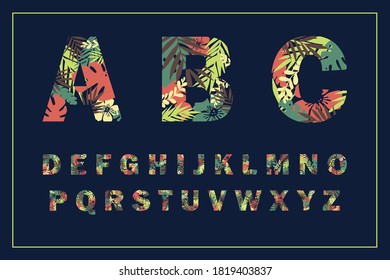 Exotic palm leaves font vector,  colorful tropical design letter characters.
