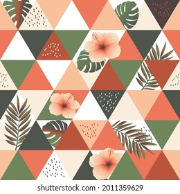 Exotic palm leaves and hibiscus flower. Seamless trendy abstract pattern for trendy fabrics, decorative pillows, interior design. Multi-colored patch triangulation. Background printing. Vector.