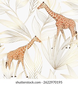 Exotic palm leaves plant with animals giraffe. Gold shine seamless pattern. Line art tropical jungl background.