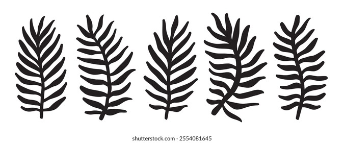 Exotic palm leaves silhouette doodle hand drawn set. grunge leaves collection. Brush botanical tropical foliage. Vector illustration