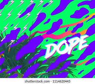 Exotic palm tree and 1980 element background, modern retro graphic illustration background template with space for texts, nostalgic / emotion / aesthetic feeling
