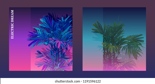 Exotic palm tree background, realistic flat style. modern retro graphic template with space for texts, nostalgic / emotion / aesthetic feeling