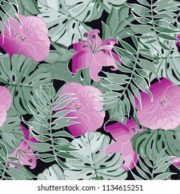 Exotic Palm Tree and Hibiscus Flowers Pattern