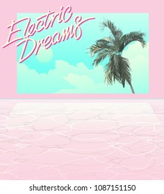 Exotic palm tree and pool background, realistic flat style. modern retro graphic illustration background template with space for texts, nostalgic / emotion / aesthetic feeling