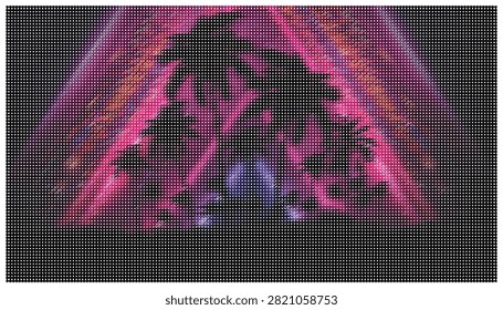 Exotic palm trees silhouettes against vibrant gradient sunset sky with creative dot halftone pattern. Stylish tropical mood wallpaper for summer design projects.