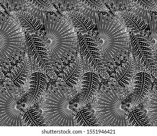 Exotic palms foliage ornament. Vector jungle plants black and white background. Tropical tree leaves seamless pattern.