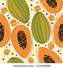 Exotic papaya slices seamless pattern on a bright backgorund
