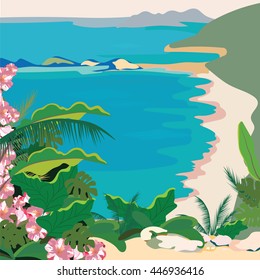Exotic Paradise Beach. Summer Beach Tropics with Palm trees and flowers. Vector background card