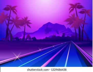 Exotic paradise landscape in violet colors with palm trees and mountains, road leading deep into the vector illustration