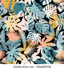 Exotic paradise plant seamless pattern. Art jungle , leaves and tropic palm tree. Print trendy multicolor silhouette painting brash floral summer vector background.