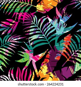 Exotic paradise plant seamless pattern. Art jungle flowers, leaves and tropic palm tree. Print trendy multicolor silhouette painting brash floral summer vector background