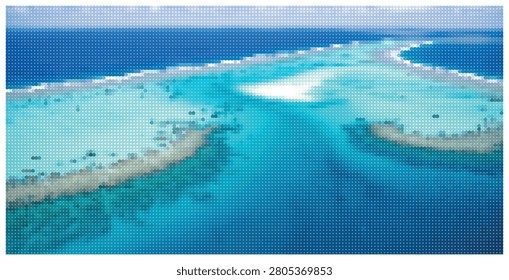 Exotic paradise scene captured from above showing clear blue water and sandy coral reefs. Vibrant summer vacation background featuring oceanic waves.