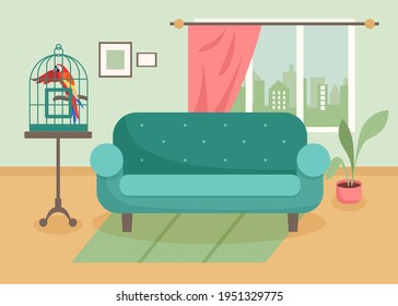 Exotic parrot in cage in living room. Domestic multicolored ara, pet macaw, wild tropical bird in cage cartoon vector illustration. Pets, domesticated wild birds concept