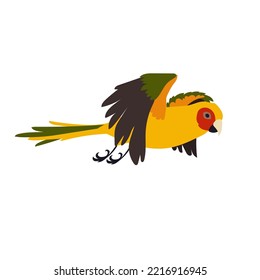 Exotic parrot flying vector illustration. Bird flapping wings, movements of wings. Bright yellow ara flying in sky isolated on white background. Animal, motion concept