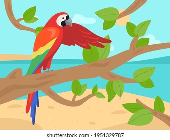 Exotic parrot on tree branch in front of island background. Multicolored ara, macaw on beach, seaside cartoon vector illustration. Tropical country or island, wildlife concept