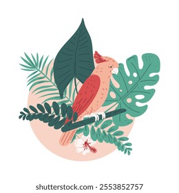 An exotic parrot sitting on a tree branch surrounded by flowers and leaves. The vector graphics depict a charming pink parrot with a beautiful crest