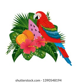 exotic parrot with tropical fruits and floral decoration