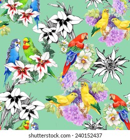 Exotic parrots and beautiful flowers seamless pattern on green background vector illustration