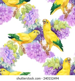 Exotic parrots and beautiful flowers seamless pattern on white background vector illustration