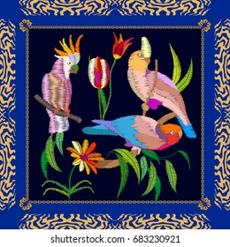Exotic parrots embroidery. Silk scarf pattern with tropical birds and flowers. Colorful framed composition with bohemian motifs.