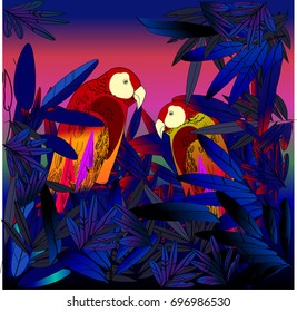 Exotic parrots in leaves