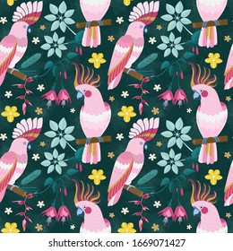 Exotic parrots pattern with tropical flowers and leaves for print wrapping paper, textile or fabric design. Pink cockatoo birds sitting on blooming brunches on colorful seamless background.