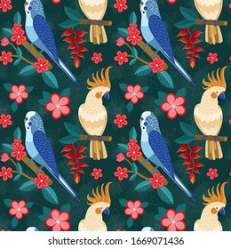 Exotic parrots pattern with tropical flowers and leaves for print wrapping paper, textile or fabric design. Cockatoo and parakeet birds sitting on blooming brunches seamless background.