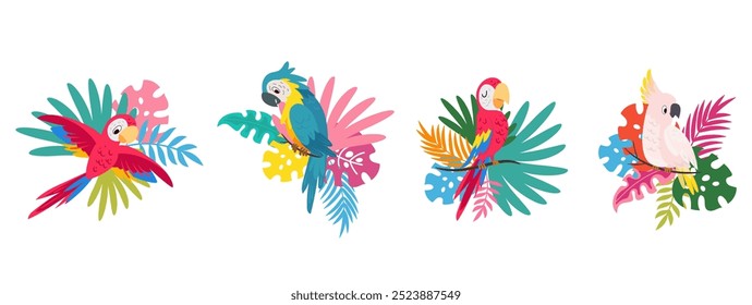 Exotic parrots. Plants and tropical birds, vibrant parrots and different leaves. Brazil australian animals. Bird stickers design, nowaday vector set