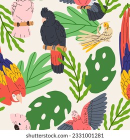 Exotic parrots, seamless pattern design. Jungle birds in leaves, repeating print. Endless wild nature background, tropical parakeet, cockatoo. Colorful flat vector illustration for textile, wallpaper