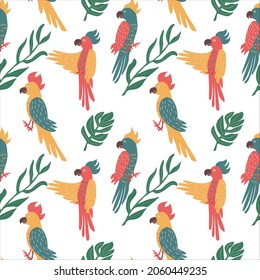 Exotic parrots seamless pattern. Tropical birds background. Isolated vector illustration.