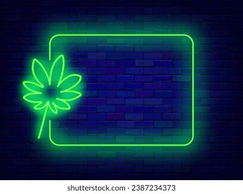 Exotic party neon advertising. Tropical palm leaf and empty frame. Jungle design. Shiny banner on brick wall. Copy space. Bright flyer. Glowing poster. Editable stroke. Vector stock illustration
