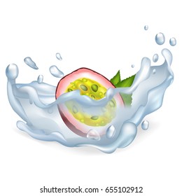 Exotic passion fruit in drops of clean water with big splashes isolated realistic vector illustration on white background. Pure aqua with tropical plant