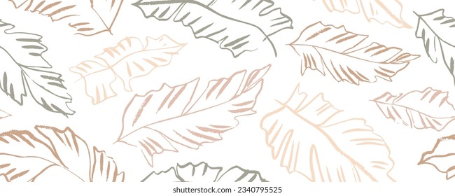 Exotic pastel colored tropical banana leaves seamless pattern. Hand drawn botanical foliage. Vector monochrome simple background with tropical leaves. Botanical brush drawn texture design.