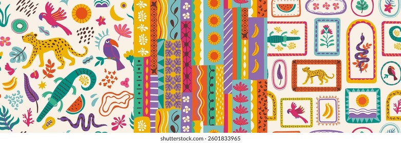 Exotic patchwork. Seamless print of tropical flowers animals and leaves, abstract tropic floral geometric shapes with jungle safari motifs. Vector boho texture.