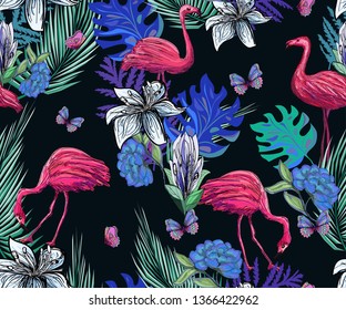 exotic pattern, bright tropical plants, flamingo, butterflies, seamless background