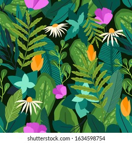 Exotic pattern. Creative Contemporary floral seamless pattern. Collage. Vector exotic jungle plants illustration. Daisies and fern, palm leaves modern repeating fabric background.